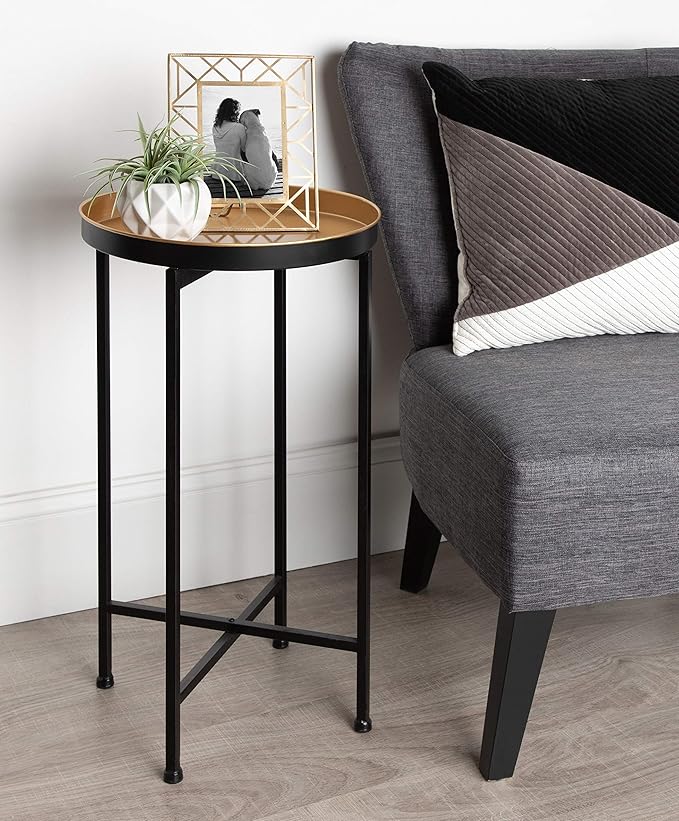 Kate and Laurel Celia Round Foldable Tray Accent Table, 14" x 14" x 25.75", Black and Gold, Modern Minimalist Design and Detachable Magnetic Tabletop