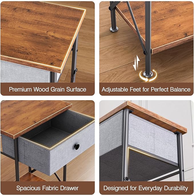 VECELO Nightstand with Drawer, Set of 2, Small Bedside Table with Storage and Adjustable Metal Legs, Wood End Table for Bedroom or Living Room, Perfect for Small Spaces and Modern Décor, Retro Brown