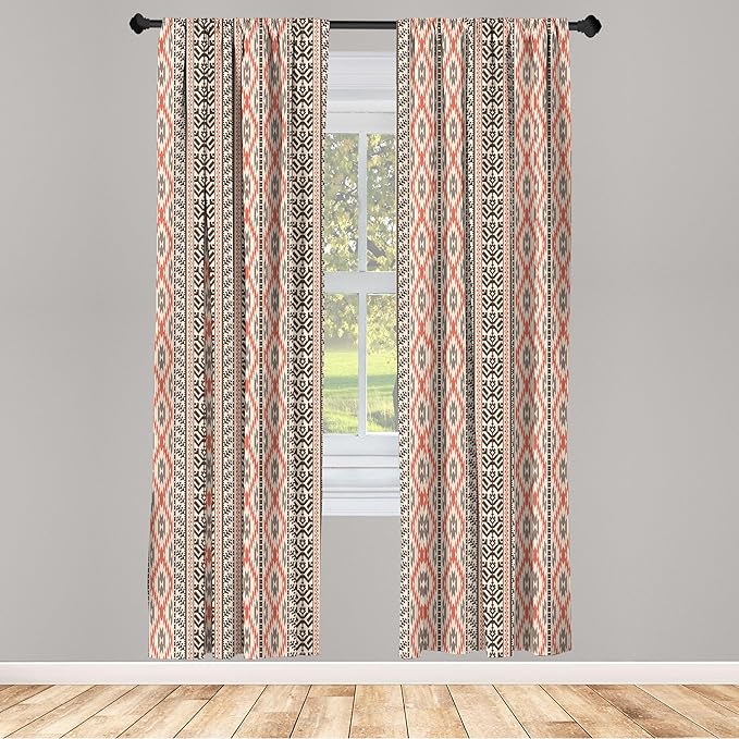 Ambesonne Southwestern Window Curtains Pack of 2, Traditional Vertical Borders Inspired by Prehistoric Art Ikat Style, Lightweight Set with Rod Pocket, 4 Panels of - 28" x 63", Brown Coral