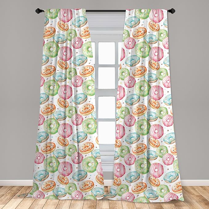 Ambesonne Watercolor Window Curtains, Delicious Donuts Pattern Various Flavors Sprinkles Stars Background, Lightweight Decor 2-Panel Set with Rod Pocket, Pair of - 28" x 63", Pale Fern