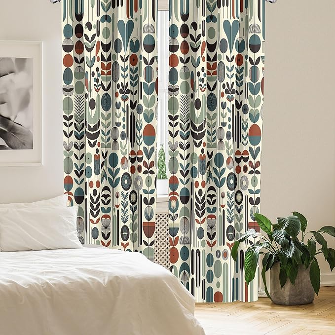 Ambesonne Leafy Art Window Curtains Pack of 2, Scandinavian Leaves Pattern with Geometric Roundy Modern Boho Print, Lightweight Set with Rod Pocket, 4 Panels of - 28" x 95", Pale Green Redwood Teal
