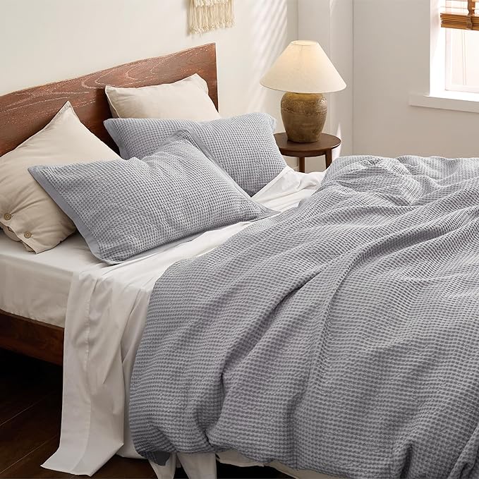 Bedsure Cotton Duvet Cover Set - 100% Cotton Waffle Weave Grey Duvet Cover Oversized King Size, GentleSoft™ and Breathable Bedding Set for All Season, 3 Pieces, 120"x98"