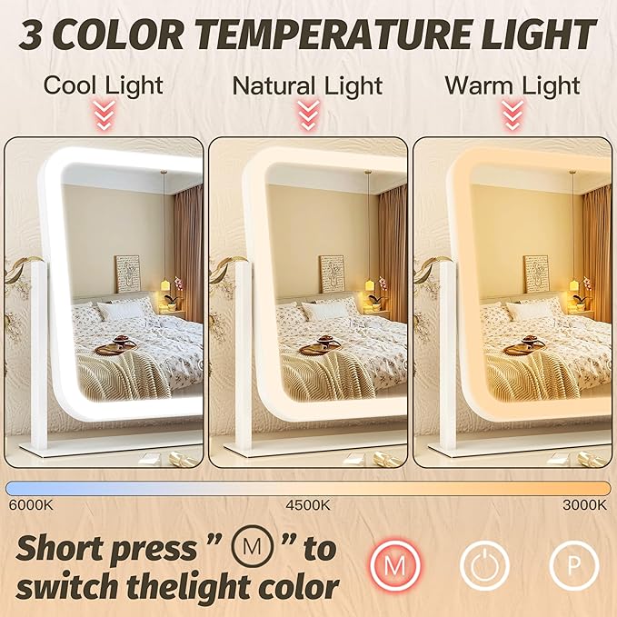 FENNIO Vanity Mirror with Lights 17''x13'' Makeup Mirror with Lights,Vanity Mirror Touch Screen with 3-Color Lighting,Dimmable,for Vanity Desk Tabletop White