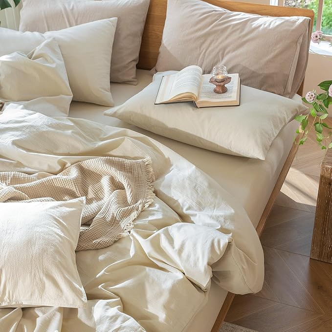 MooMee Bedding Duvet Cover Set 100% Washed Cotton Linen Like Textured Breathable Durable Soft Comfy (Heathered Almond Milk Grey, Full 80"x90")