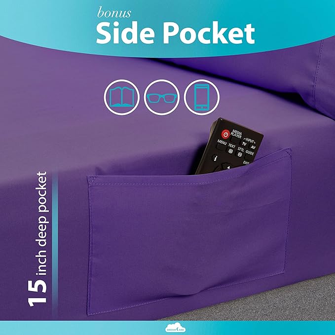 DREAMCARE Queen Sheet Set – 6 pcs Cooling Bed Sheets – up to 15” Deep Sheets Queen Size Bed Set – 2500 Supreme Collection – Extra Soft 100% Brushed Microfiber Hotel Luxury with Side Pocket – Purple