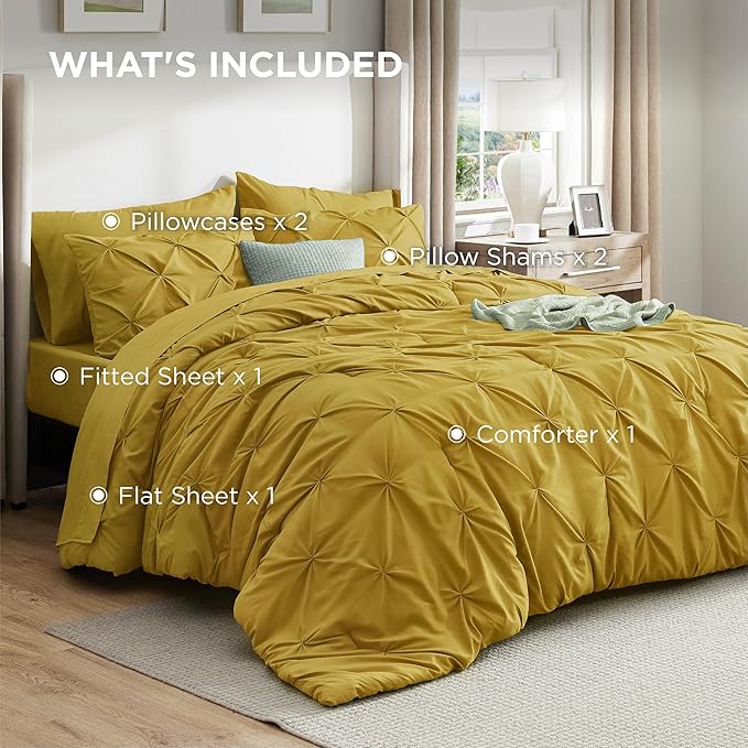 Bedsure Queen Comforter Set - Bed in a Bag Queen Size Bedding 7 Pieces, GentleSoft™ Pintuck Bed Set Gift for Family, Pinch Pleat Mustard Yellow Comforter with Sheets, Pillowcases & Shams