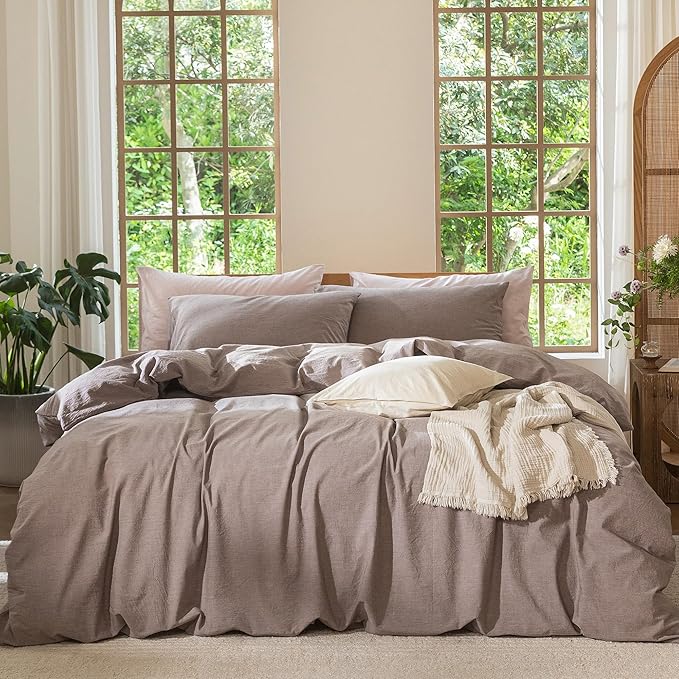 MooMee Bedding Duvet Cover Set 100% Washed Cotton Linen Like Textured Breathable Durable Soft Comfy (Heathered Mauve Brown, Palatial King/Oversized King 120"x98")