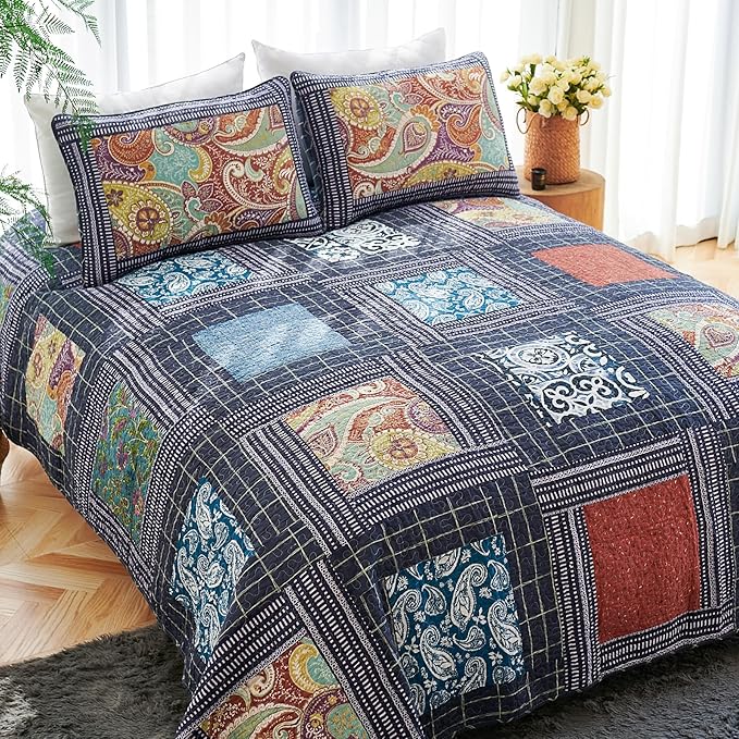 Secgo California King Quilt Size - 100% Cotton Oversized California Comforter Set Bedding Sets (120 * 110 Inch) with 2 Pillow Shams, Patchwork Reversible Lightweight Bedspread