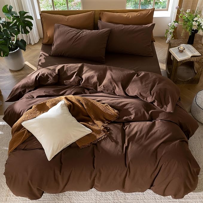 MooMee Bedding Duvet Cover Set 100% Washed Cotton Linen Like Textured Breathable Durable Soft Comfy (Solid Cocoa Brown, King 104"x90")