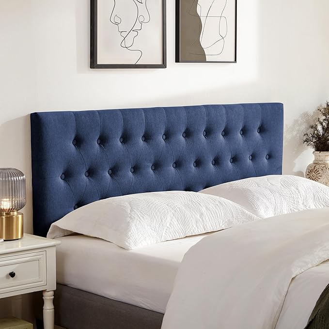 Tufted Upholstered Headboard Queen Size, Solid Wood Head Board with Metal Legs, Adjustable Height Bed headboard from 37" to 51" Fabric Headboard in Modern Button Design, Blue