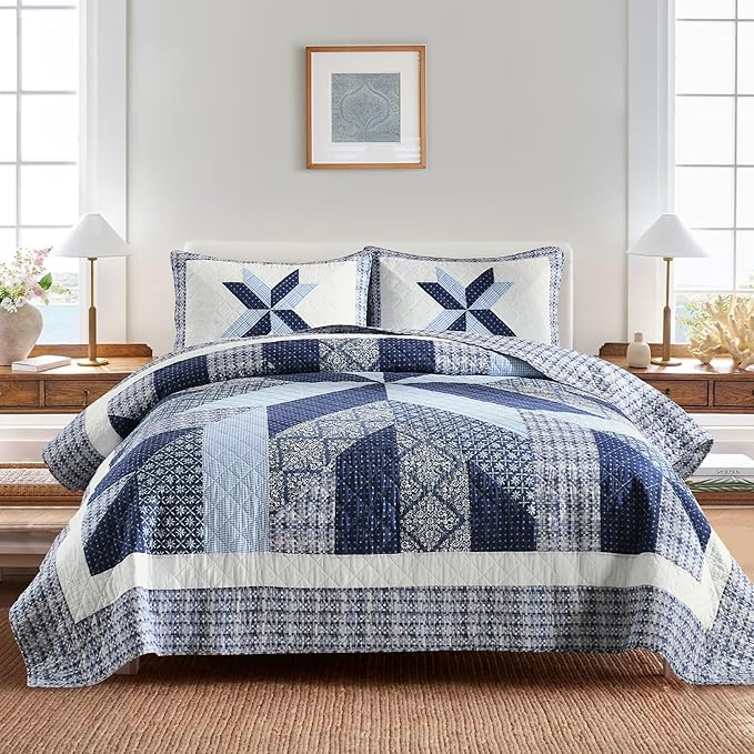 Secgo Handmade Quilted 100% Cotton Queen Comforter Set for Bed - 100% Cotton Quilts Queen Size, Black Bedspreads (90 * 98 Inch) with 2 Pillow Shams, Patchwork Reversible Lightweight Bedding