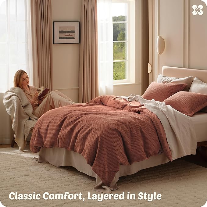 Bedsure Cotton Duvet Cover Queen - 100% Cotton Waffle Weave Burnt Orange Duvet Cover Queen Size, GentleSoft™ and Breathable Bedding Set for All Season, 3 Pieces, 90"x90"