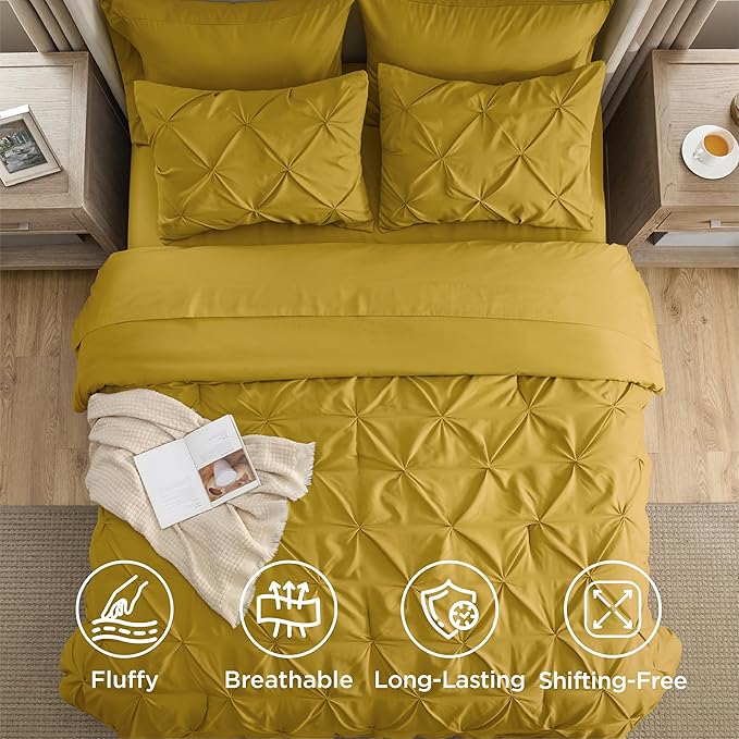 Bedsure Queen Comforter Set - Bed in a Bag Queen Size Bedding 7 Pieces, GentleSoft™ Pintuck Bed Set Gift for Family, Pinch Pleat Mustard Yellow Comforter with Sheets, Pillowcases & Shams