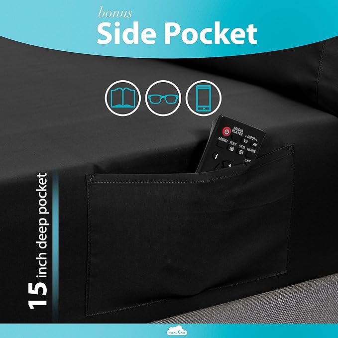 DREAMCARE Queen Sheet Set – 6 pcs Cooling Bed Sheets – up to 15” Deep Sheets Queen Size Bed Set – 2500 Supreme Collection – Extra Soft 100% Brushed Microfiber Hotel Luxury with Side Pocket – Black