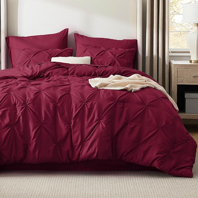 Bedsure California King Comforter Set Dark Red - Bed in a Bag Cal King Bedding Set 7 PCS, GentleSoft™ Pintuck Bed Set Gift for Family, Pinch Pleat Dark Red Comforter with Sheets, Pillowcases & Shams