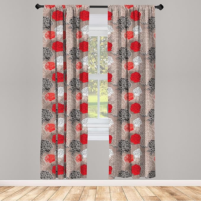 Ambesonne Floral Curtains, Blossoming Peonies Vintage Botanical Composition Abstract Petals and Buds, Window Treatments 2 Panel Set for Living Room Bedroom, Pair of - 28" x 84", Red Grey