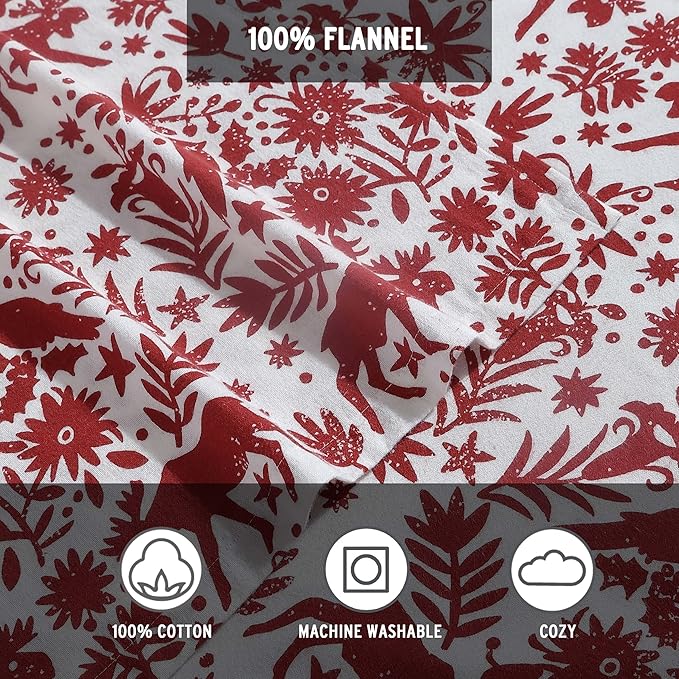 Eddie Bauer 3 Pc Flannel Sheets Twin Size - 100% Cotton Breathable & Soft Twin Sheets Set (1 Flat, 1 Flannel Fitted Sheet & 1 Pillowcase) - 12" Deep Pocket All Seasons Sheet Set (Arcadia Red)