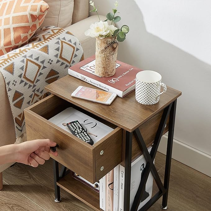 VECELO Nightstands Set of 2, Modern Bedside End Tables, Night Stands with Drawer and Storage Shelf for Living Room Bedroom, Industrial Metal Frame