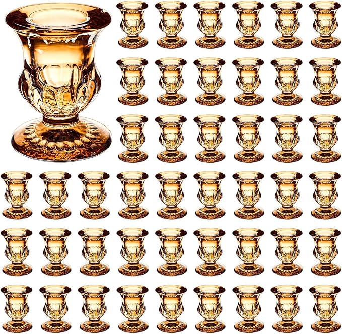 Foaincore 48 Pcs Candlestick Holders Bulk 2.5 Inch Taper Candle Holder for Table Centerpiece Thick Glass Ritual Candle Stand for Wedding Christmas Valentines Festival Party Decorations(Gold)