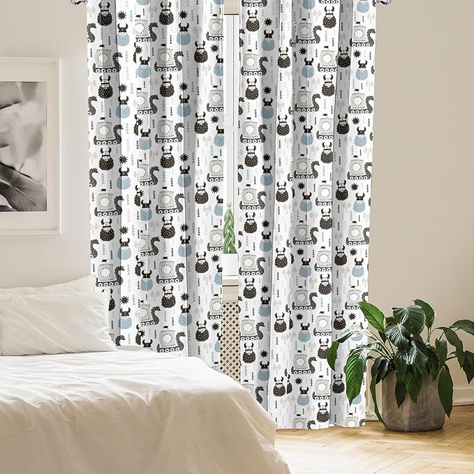 Ambesonne Scandinavian Curtains, Viking Longboat Design Cartoon Style Character Illustration, Window Treatments 2 Panel Set for Living Room Bedroom, Pair of - 28" x 84", Blue Grey