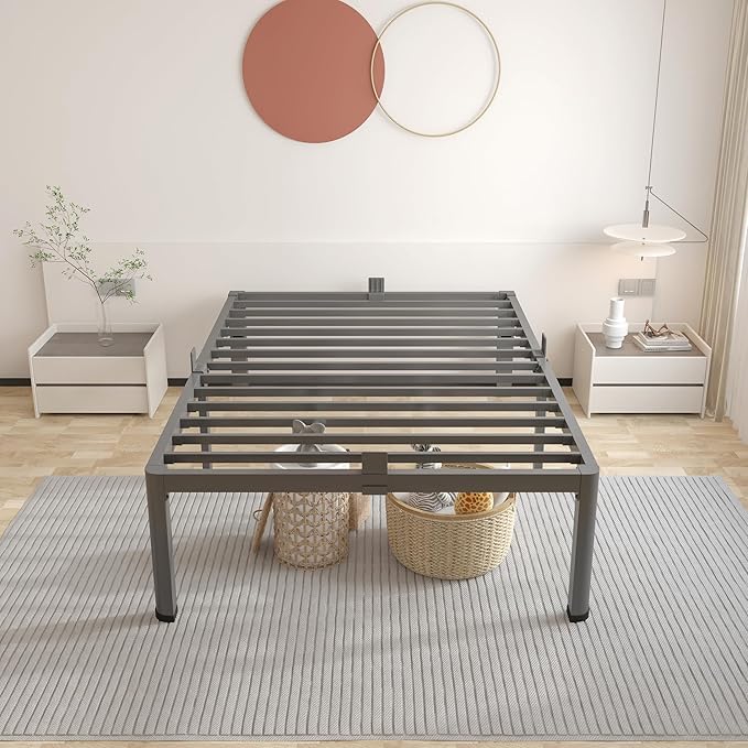 ROIL 12 inch Twin XL Bed Frames with Headboard Hole and Round Corner Legs Mattress Retainers 3500LBS Heavy Duty Steel Slats No Box Spring Needed Platform Noise-Free Underneath Storage