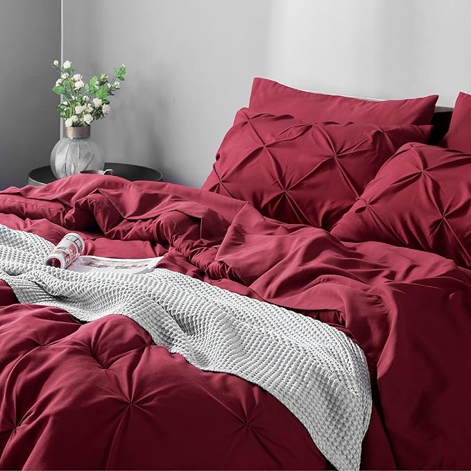 Bedsure California King Comforter Set Dark Red - Bed in a Bag Cal King Bedding Set 7 PCS, GentleSoft™ Pintuck Bed Set Gift for Family, Pinch Pleat Dark Red Comforter with Sheets, Pillowcases & Shams