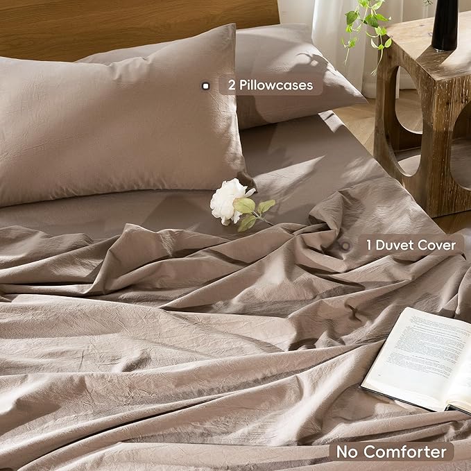 MooMee Bedding Duvet Cover Set 100% Washed Cotton Linen Like Textured Breathable Durable Soft Comfy (Solid Brown, Oversized King Plus 128"x120")