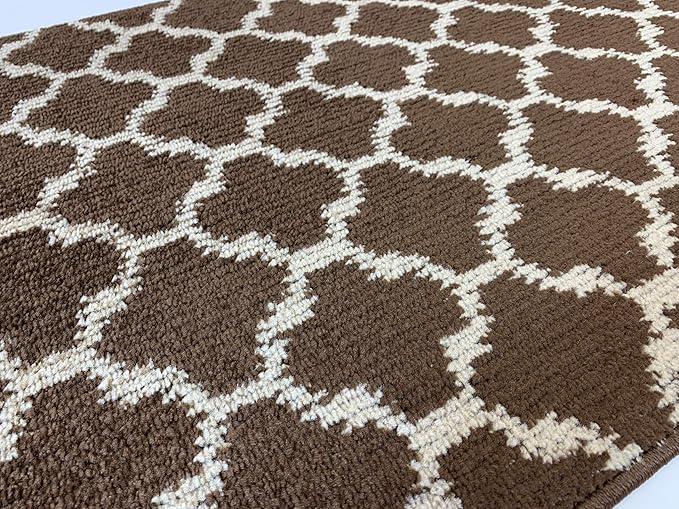 Custom Size Cut to Length Moroccan Trellis Design Runner Rug Mat For Wide Long Hallways with Non-Slip Rubber Backing, Better Traction for Pets, Prevent Slippage, Trellis Brown, 31 inch X 13 feet