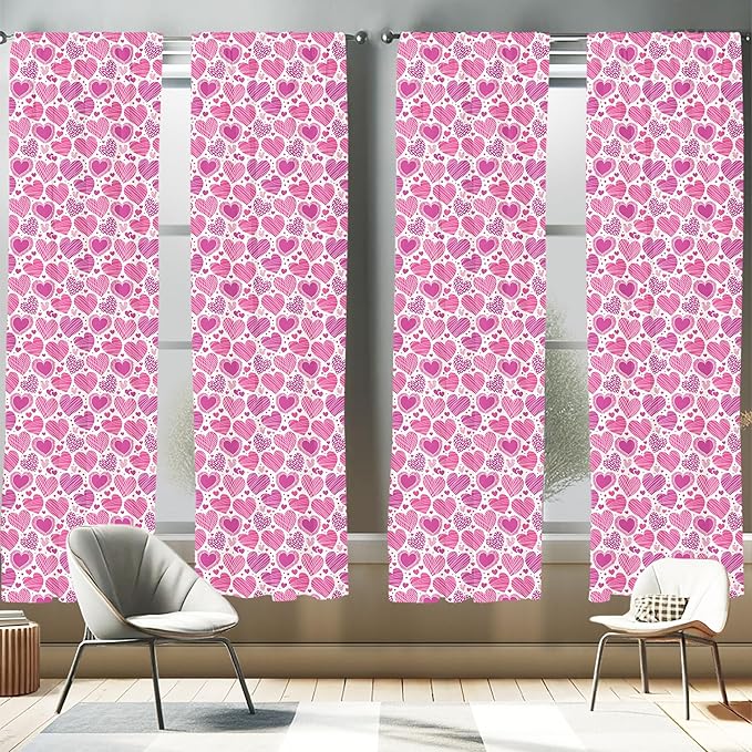 Ambesonne Valentines Window Curtains Pack of 2, Romantic Heart Shapes with Many Different Designs Polka Dots Crossed Lines, Lightweight Set with Rod Pocket, 4 Panels of - 28" x 63", Pink White