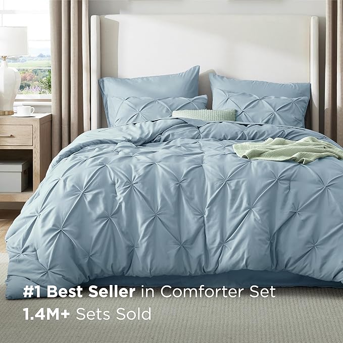 Bedsure Full Comforter Set Light Blue - Bed in a Bag Full Size Bedding Set 7 Pieces, GentleSoft™ Pintuck Bed Set Gift for Family, Pinch Pleat All Season Comforter with Sheets, Pillowcases & Shams