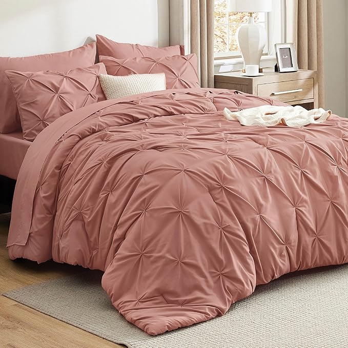 Bedsure King Size Comforter Set Dusty Pink - Bed in a Bag Bedding Set 7 Pieces, GentleSoft™ Pintuck Bed Set Gift for Family, Pinch Pleat Dusty Pink Comforter with Sheets, Pillowcases & Shams