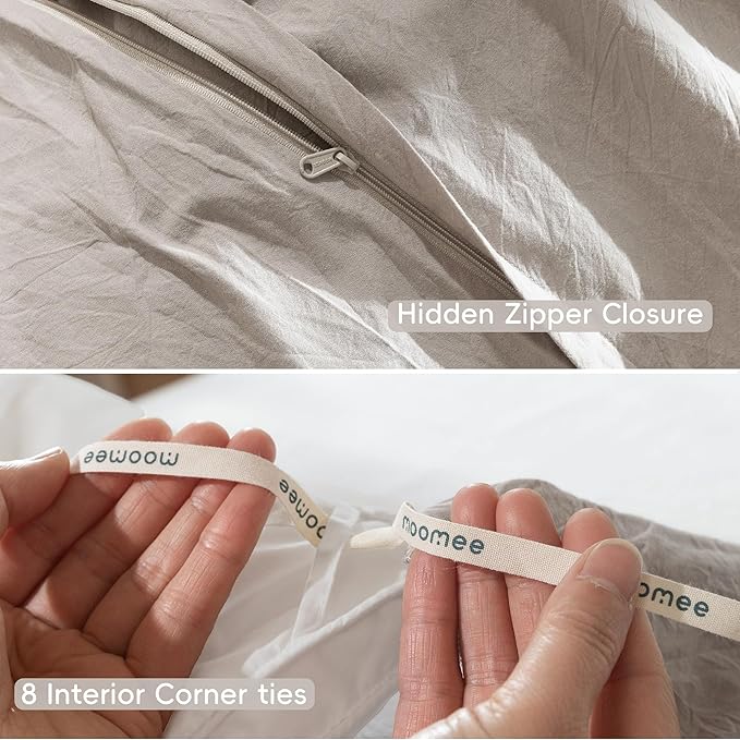MooMee Bedding Duvet Cover Set 100% Washed Cotton Linen Like Textured Breathable Durable Soft Comfy (Solid Light Tan, Oversized King Plus 128"x120")