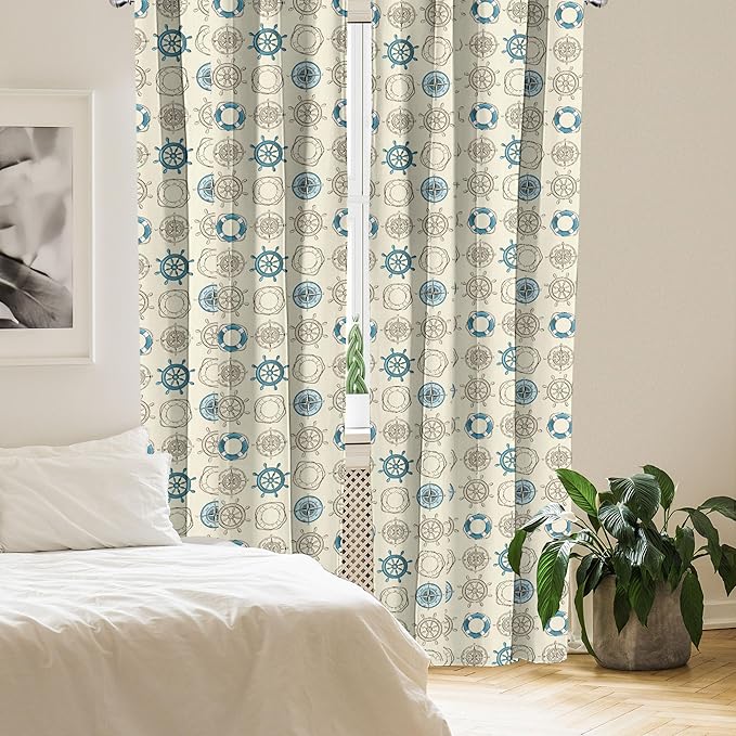 Ambesonne Compass Window Curtains, Marine Themed Doodle Art Vintage Inspirations Traveling Exploration Cruise Pattern, Lightweight Decor 2-Panel Set with Rod Pocket, Pair of - 28" x 95", Beige Teal