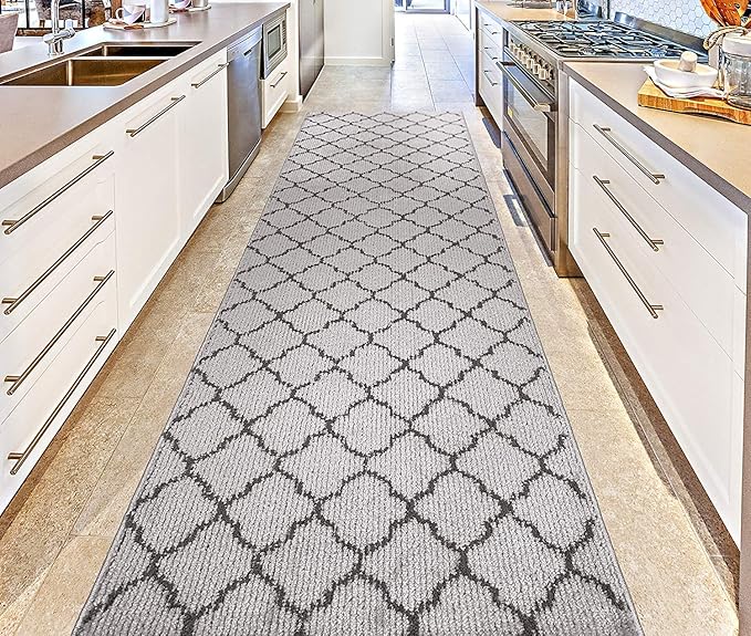Custom Size Modern Runner Rug Carpet for Hallway Entryway Foyer Kitchen, Slip Resistant Latex Rubber Backed 31 inch Wide X Customized Length, Trellis Grey, 31 inch X 16 feet