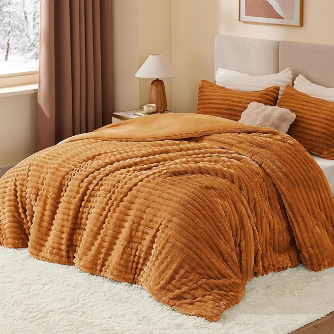 BEDELITE Fleece King Comforter Set -Super Soft & Warm Fluffy Rust Orange Bedding, Luxury Fuzzy Heavy Bed Set for Winter with 2 Pillow Cases
