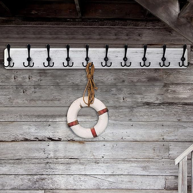 WEBI Wall Mounted Coat Rack, 38 9/16" Long, 10 Hooks, Wood Hanger Rail With Triple Hooks for Hanging Clothes, Jackets - Black/White, 2 Packs