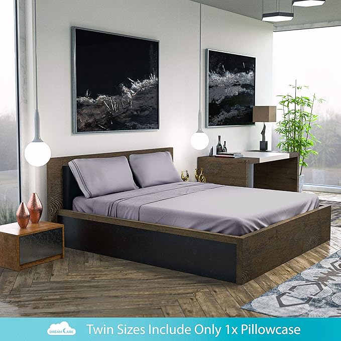 DREAMCARE Twin Sheets - 3pcs Cooling Sheets – up to 21” Extra Deep Pocket Twin Bed Sheets - Twin Sheet Set - Bed Sheets Twin with Side Pocket - L Gray