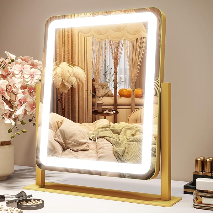 Vanity Mirror with Lights, 12.6"×15" LED Makeup Mirror, Lighted Makeup Mirror with Lights, Smart Touch Control Dimmable 3 Modes Light, Lighted Up Mirror for Makeup Desk, Gold