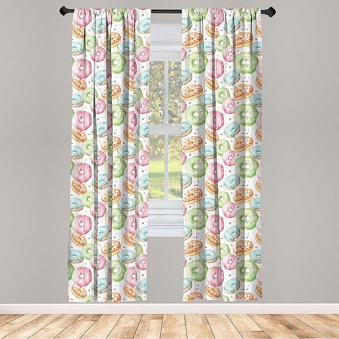 Ambesonne Watercolor Window Curtains, Delicious Donuts Pattern Various Flavors Sprinkles Stars Background, Lightweight Decor 2-Panel Set with Rod Pocket, Pair of - 28" x 95", Pale Fern
