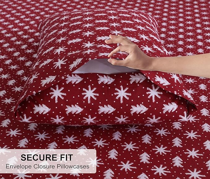RUVANTI Flannel Sheets King Size - 100% Cotton Brushed King Size Sheets Set - Deep Pockets 16 Inches Bed Sheets - All Seasons Breathable & Extra Soft - Warm & Cozy, 4 Piece, Red Christmas