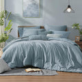Monbix Full Size Comforter Set-7 Pieces Dusty Blue Cationic Dyeing Bed in a Bag Full Bedding Sets with Comforter, Sheets, Pillowcases & Shams, All Season Reversible Bedding Comforters