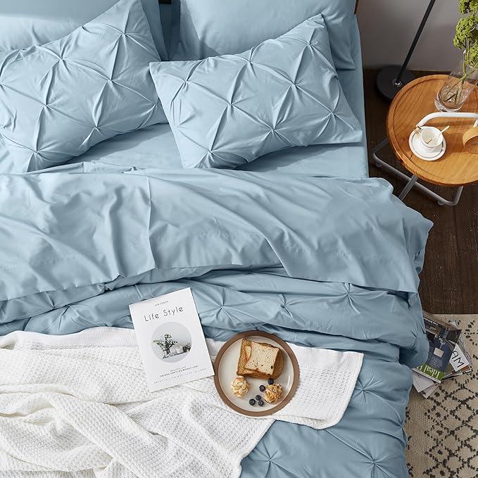 Bedsure California King Comforter Set - Bed in a Bag Cal King Bedding Set 7 PCS, GentleSoft™ Pintuck Bed Set Gift for Family, Pinch Pleat Light Blue Comforter with Sheets, Pillowcases & Shams