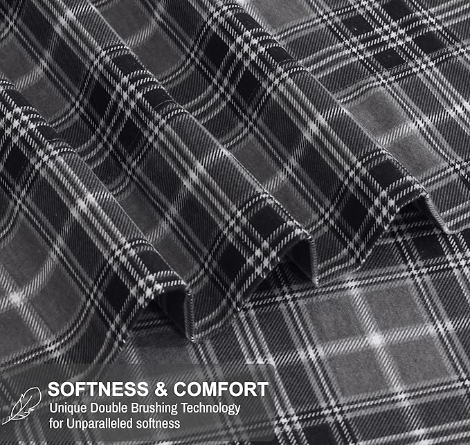 RUVANTI Flannel Sheets Queen Size - 100% Cotton Double Brushed Bed Sheets, Deep Pockets 16 Inches Queen Sheet Set, All Seasons Breathable & Extra Soft - Warm & Cozy, 4 Piece, Grey Plaid