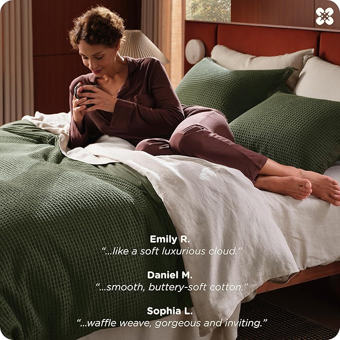 Bedsure Cotton Duvet Cover Set - 100% Cotton Waffle Weave Olive Green Duvet Cover Oversized Queen Size, GentleSoft™ and Breathable Bedding Set for All Season, 3 Pieces, 98"x98"