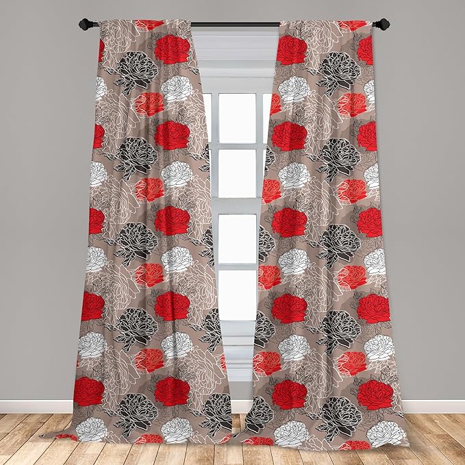 Ambesonne Floral Curtains, Blossoming Peonies Vintage Botanical Composition Abstract Petals and Buds, Window Treatments 2 Panel Set for Living Room Bedroom, Pair of - 28" x 84", Red Grey
