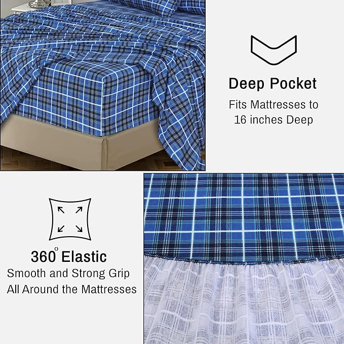 RUVANTI Flannel Sheets King Size - 100% Cotton Brushed King Size Sheets Set - Deep Pockets 16 Inches Bed Sheets - All Seasons Breathable & Extra Soft - Warm & Cozy, 4 Piece, Blue Plaid