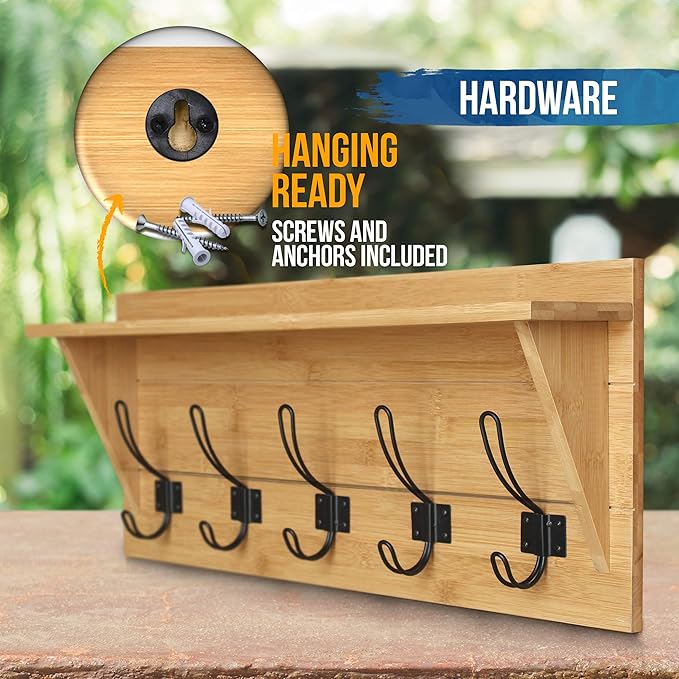 HBCY Creations Rustic Wall Mounted Coat Rack with Shelf - Solid Wood 24" Entryway Shelf with 5 Coat Hangers. Perfect Touch for Your Entryway, Mudroom, Kitchen, Bathroom and More, Bamboo