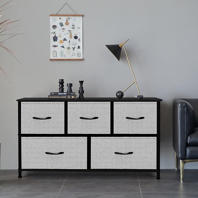AZL1 Life Concept Extra Wide Dresser Storage Tower with Sturdy Steel Frame,5 Drawers of Easy-Pull Fabric Bins, Organizer Unit for Bedroom, Hallway, Entryway, Grey with Black
