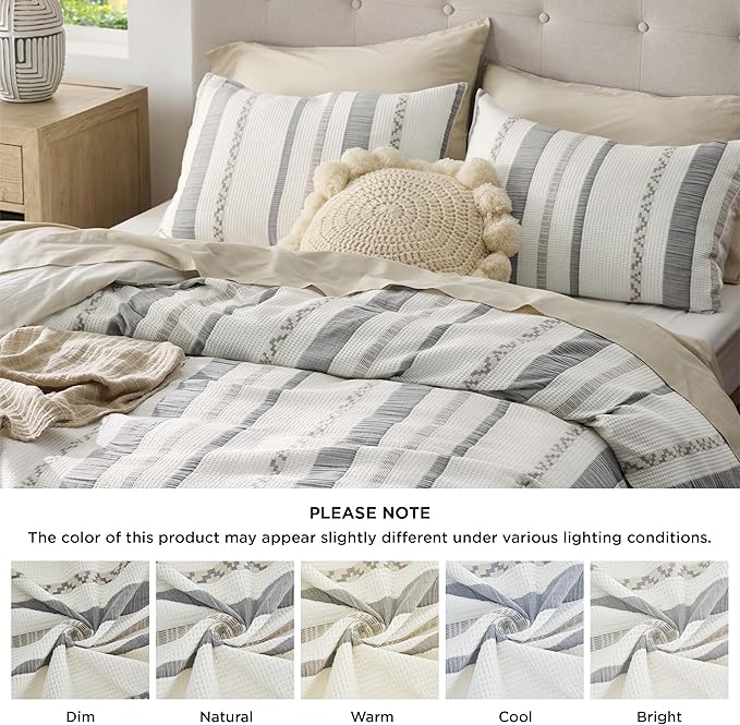 Bedsure Waffle Weave Duvet Cover Queen - 100% Cotton Boho Duvet Cover Set with 2 Pillowcases - Extra Soft Cream White Textured Comforter Cover with Zipper Closure (Queen, 90"x90")