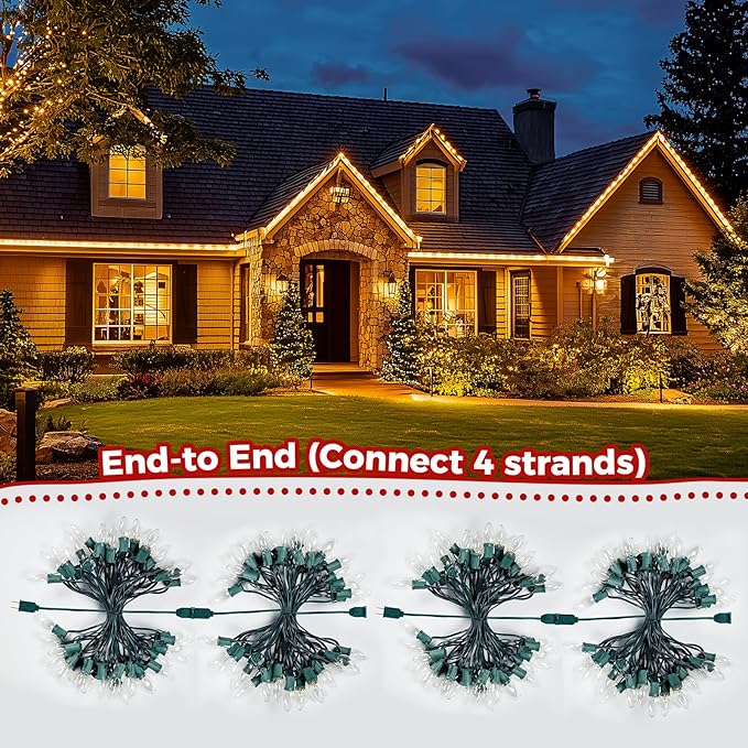 C9 Christmas String Lights Outdoor Christmas Tree Lights String - Hanging Christmas Roofline Lights - Patio Lights for Outdoor Decor (Clear Green Wire, 25FT)